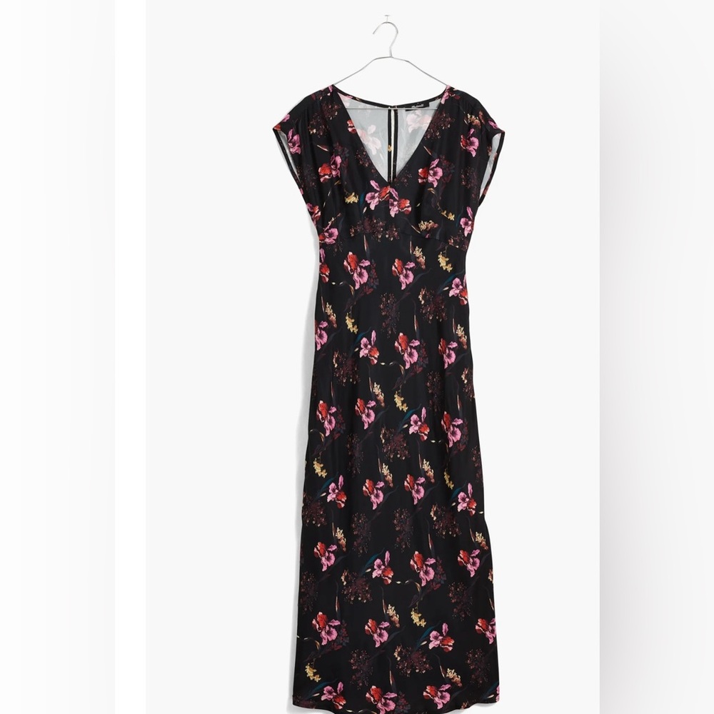 Madewell Black Floral Midi Dress with Pink & Yellow Accents